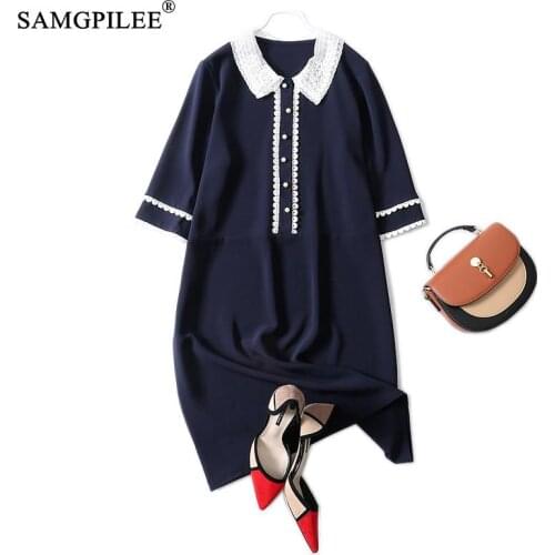 2021 New Dress Women Korean Style Office Lady A-line Solid Half Sleeve Hook Flower Hollow Peter Pan Collar Dresses For Woman 4XL