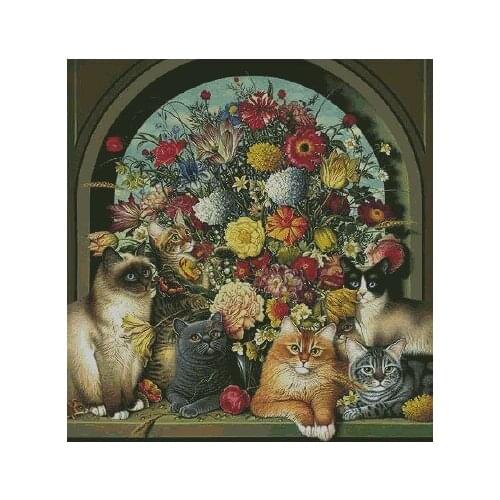 11/14/18/25/22/28 color aida lovely counted cross stitch kit 6 cats kitties and flower flowers, six cats