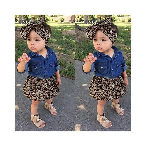 Pudcoco 3PC Toddler Baby Girls Dress Denim Shirt+Leopard Skirt+Headband Kids Clothes set 6M-5Y