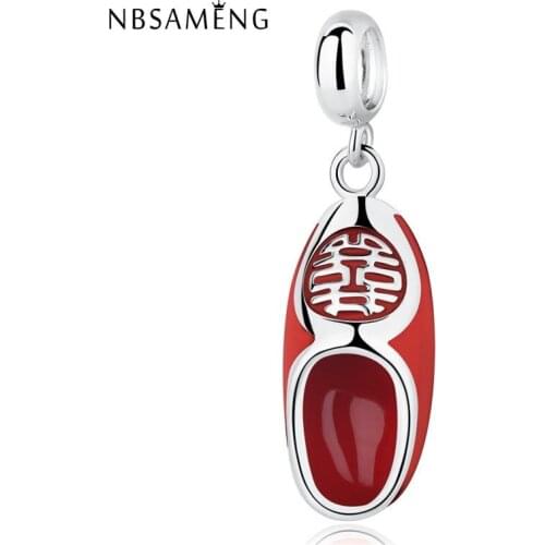 Authentic 925 Sterling Silver Bead Festive Red Pink Enamel Shoes Pendant Beads Fit Original Bracelets Charm Jewelry Gift