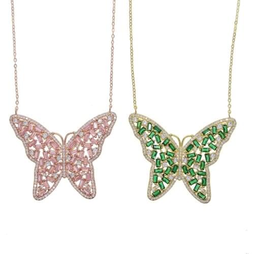 2020 iced out sparking bling cz pink cz women girl jewelry 5mm AAAAA cz chain hip hop cool pink cz butterfly necklace