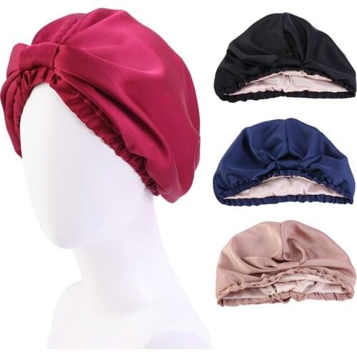 Simulated silk knot double-layered nightcap moon hat satin home hat hair care cap head scarf women 2pcs