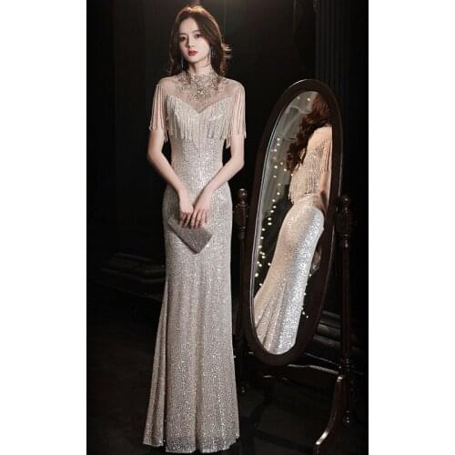 Elegant Applique Sequins Beading Tassel Mermaid Evening Dress Cheongsam Back Bandage Prom Fomail Gown Vestidos De Noche