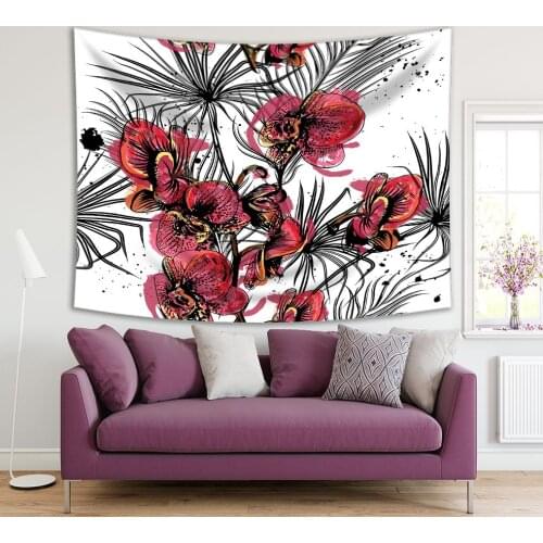 Tapestry Orchid Flowers and Tropical Palm Leaves Branches Watercolor Style Artwork Red Black