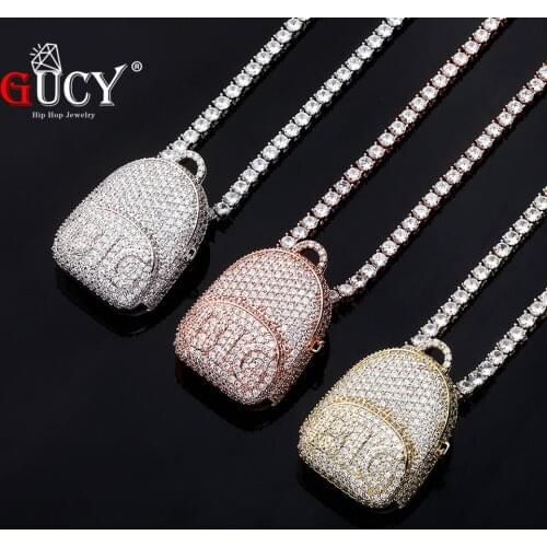 GUCY Fashion Bag Pendant Necklace with Tennis Chain Gold Color Cubic Zircon Mens Hip hop Jewelry For Gift