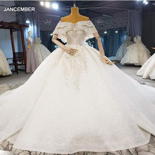 HTL2079 Elegant Extravagant Sequin Crystal Pearls Wedding Dress 2021 V-Neck Short Sleeve Lace Up Back