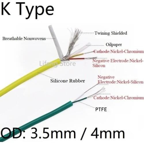 K Type OD 4mm 3mm Towed Thermocouple Line 2 Cores Soft Silicone Rubber Shielded Wire PTFE Insulated PTFE Compensation Cable