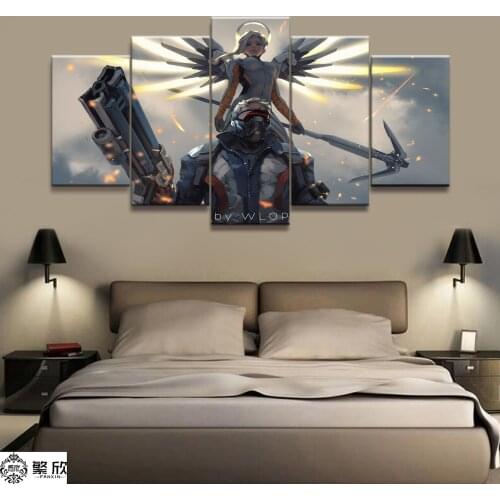 5 Panel Ghost Blade WLOP Overwatch Mercy 76 Game Canvas Printed Painting For Living Room Wall Art Decor Picture Artworks Poster