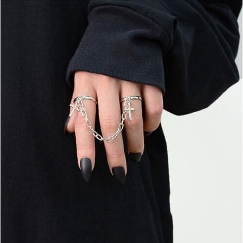 Gothic Hiphop Cross Punk Double Ring for women men Adjustable Silver Color Cross Chain Ring Set 2020 Trendy Unusual Jewelry
