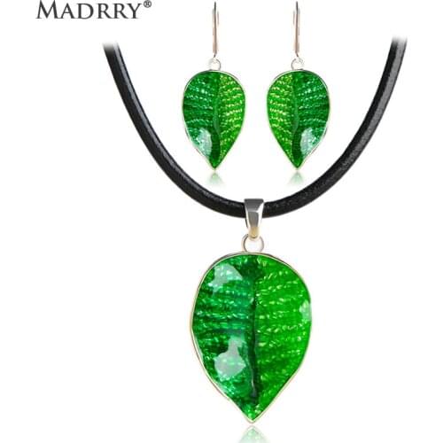 Madrry Summer New Green Leaves Enamel Jewelry Sets for Women Girls Pendant Necklace and Earrings Leather Chain Brincos Feminino