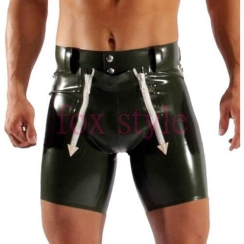 Men 's sexy fetish latex short trousers with zips in army green