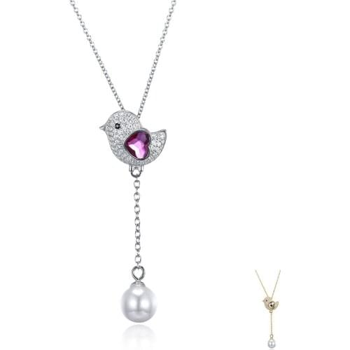 SILVERHOO Cute Bird 925 Sterling Silver Heart Austria Crystal Pendant Necklace Shell Pearl Double Pendant New Arrivals Jewelry