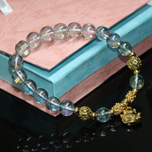 Light green round ball beads wholesale women bracelet 8mm electroplated crystal gold-color pendant jewelry 7.5inch B2155