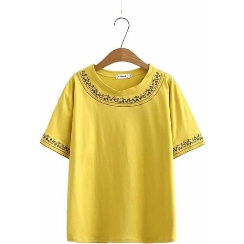 Plus Size Womens White Black Tops Full Cotton Short Sleeve Summer Tshirts Large Size Floral Embroidered Shirts