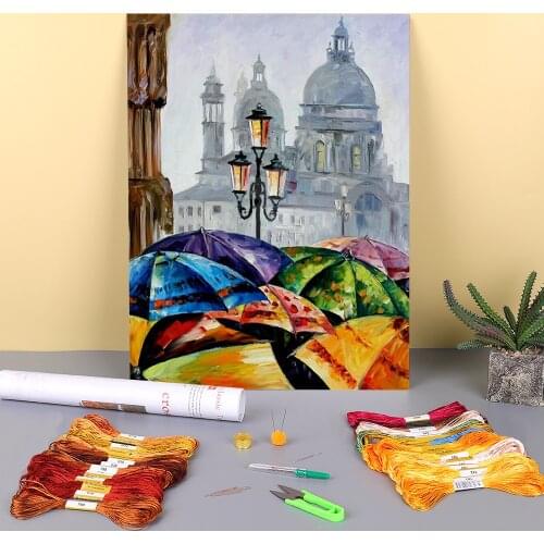 Rainy Day In Venice Printed Water-Soluble Canvas 11CT Cross Stitch DIY Embroidery Set DMC Threads Handicraft Adults