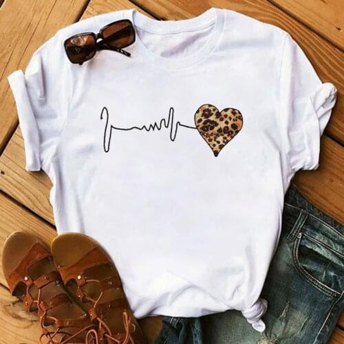 Women Leopard Heartbeat Short Sleeve Print Clothes Ladies Womens T-Shirt Graphic Tops Clothes Female Tumblr T Shirt T-shirts