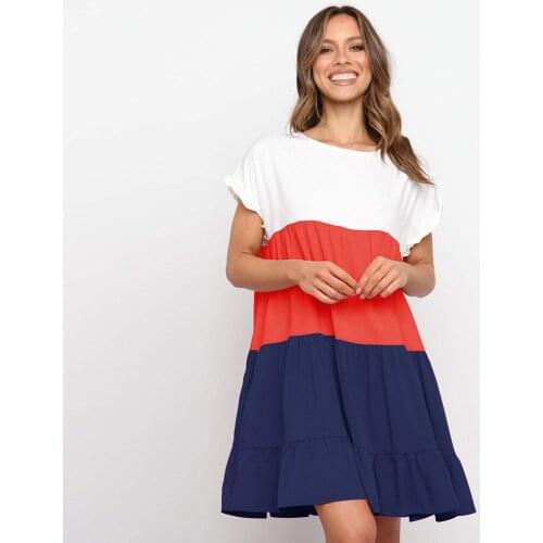 Women Short Sleeve Patchwork Color Contrast O-neck Dress Summer New Ruffles Casual Loose Big Hem Cotton Fashion Holiday Vestidos