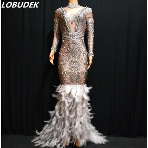 Female Party Rhinestones White Feathers Trailing Dress Birthday Evening Party Models Catwalk Stage Costume Crystals Long Dress