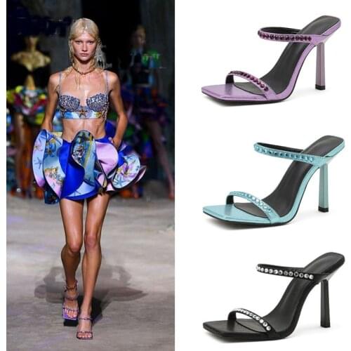 2021 Summer New Womens High-heeled Slippers Fashion Simple and Versatile Square Toe With Rhinestone Stiletto Sandals