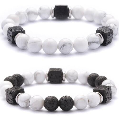 8mm Natural White Howlite Stone Bracelet Aromatherapy Black Square Lava Stone DIY Essential Oil Diffuser Bracelet Jewelry