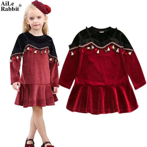 Baby Dress Aile Rabbit New Girls Dress Long Sleeves Velvet National Wind Stitching Brand Boutique Childrens Clothing Fashion