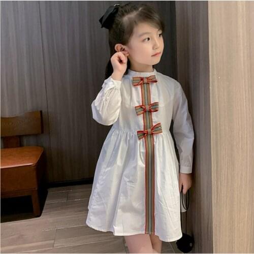 Girls Elegant Bow Dress Spring Autumn Kids Cute White Princess Shirt Dresses 3 4 5 6 7 Years Children Casual Clothes vestidos