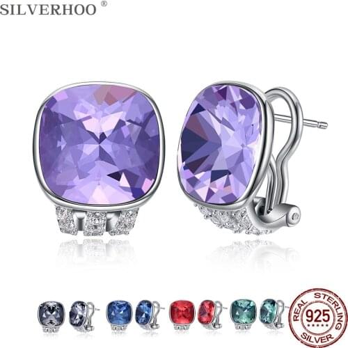 SILVERHOO 925 Sterling Silver Stud Earrings For Female Geometric 5-Color Austria Crystal Luxury Earring Wedding Fine Jewelry