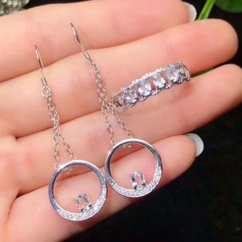 Light blue natural Aquamarine gemstone ring and necklace jewelry set with silver jewelry
