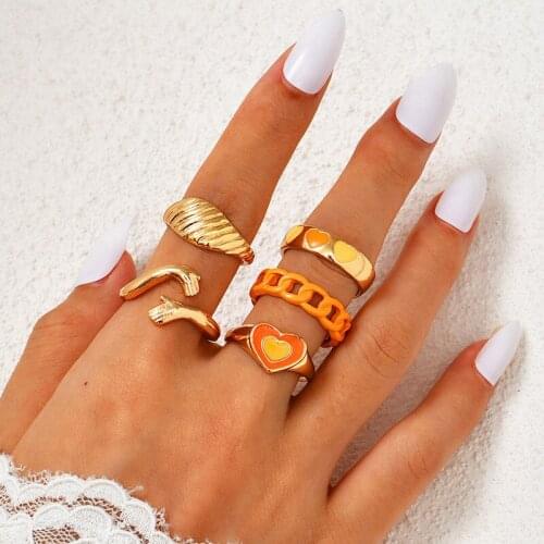 Sweet Drip Oil Heart Hug Rings Set Fashion Gold Color Geometric Finger Rings for Women Girl Party Jewelry Accessories