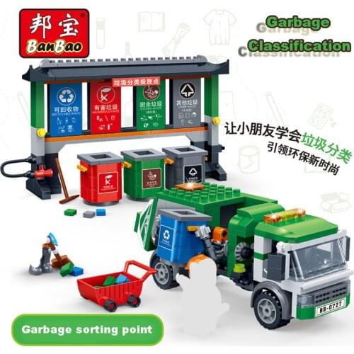 BanBao Building Blocks Garbage Classification Bin Sorting Station Removal Truck Engineering Truck Model Education Toys For Kids