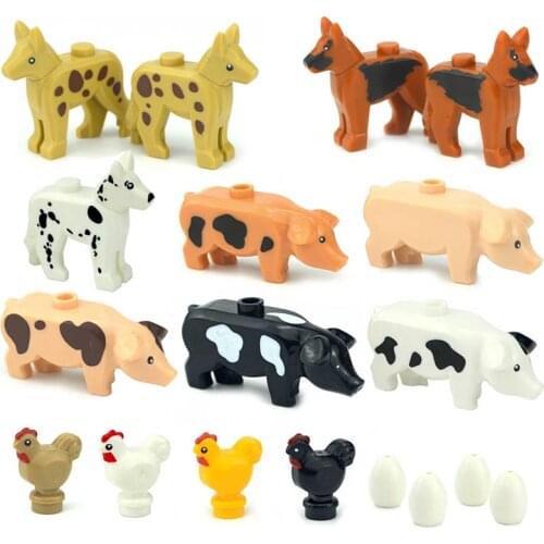 MOC Farm Animal Building Blocks Cute Pets Pigs Chicken Police Dog City Accessories DIY Parts Bricks C181 Toys Educational Blocks