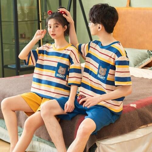 Summer Cotton Couple Pajamas Set Fashion Korean Color Stripes Women Cute Sleepwear Leisure Plus Size Short Sleeve Homewear Suits