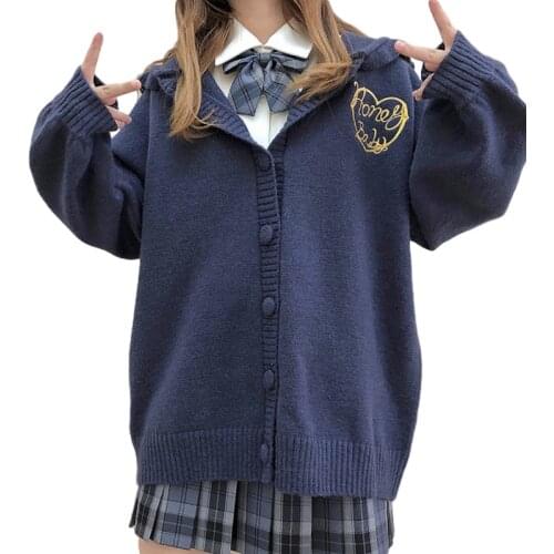 Cute Cardigan Women Knitted Sweaters Heart Embroidery Wool Kawaii Open Front Hooded Uniform Coat Cashmere Oversize Jumper Green