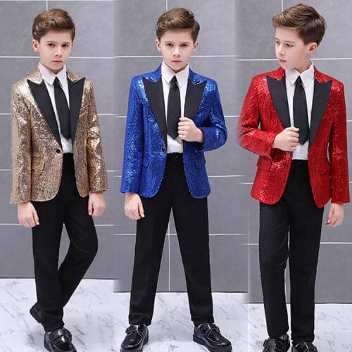 2020 Fashion Gold Prom Party Suits for Boy Shiny Stage Performance Boys Tuxedo Kid Formal Wedding Blazer with Pants set 2 pieces