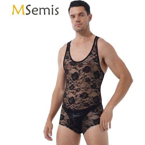 Mens Lingerie See-through Skinny Bodysuit Flower Pattern Sheer Lace Costume Round Neck Sleeveless Leotard Jumpsuits Nightwear