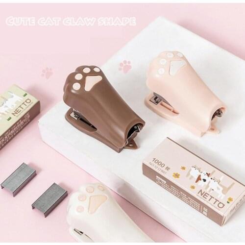 Netto Mini Stapler Set With 1000pcs 12# Stapless Cute Cat Paw Paper Binder Stationery Office Binding Tools School Supplies