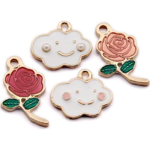 Mini Order 10pcs Kawaii Cloud Charms Gold Tone Plated Rose Flower Floral Earring Necklace Bracelet Floating Pendant Accessories