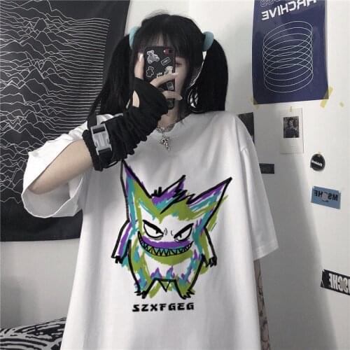Oversized 2021 New Summer Womens T-shirt Japanese Anime Harajuku Tee Shirt Loose Short Sleeve Street Punk Clotes Streetwear Top