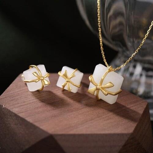 Original S925 Sterling Silver Gold Plated Natural Hetian Jade Graceful Bow Ladies Stud Earrings Earring Pendant for Girlfriend