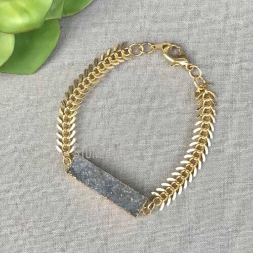Natural Druzy Bar Charm Gold Plating Fishbone Shape Chain Bracelet Recatngle Raw Druzy Bracelet Gift For Her BM11269