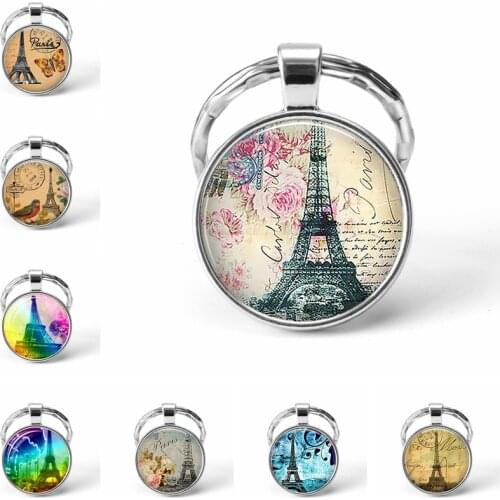 Romantic Paris Eiffel Tower Key Chains Art Lady Wander Drawing Design Glass Pendant Cute Keychain Keyring Women Bag Jewelry