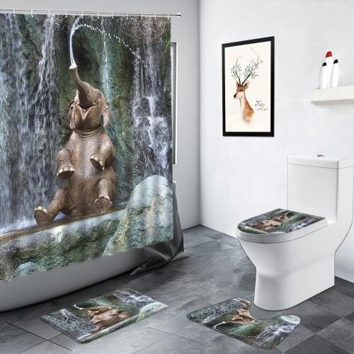 Animal Elephant Shower Curtain Waterfall Funny Tropical Wildlife Home Decor Bathroom Carpet Non-slip Rug Toilet Lid Bath Mat Set