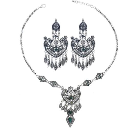 Ethnic Crystal Turkish Jewelry Sets Silver-color Necklace Earrings Set For Women Fashion Vintage Wedding Indian Accessories Gift