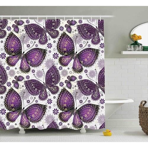 Natural Shower Curtain Ethnic Asian Butterflies with Paisley Motif on Wings Flowers Art Print Bathroom Waterproof Curtains