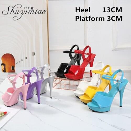 Sexy Catwalk Summer 13CM Womens Shoes Thin Heels Patent Leather Platform Super High Heel Nightclub Sandals Pole Dancing Shoes