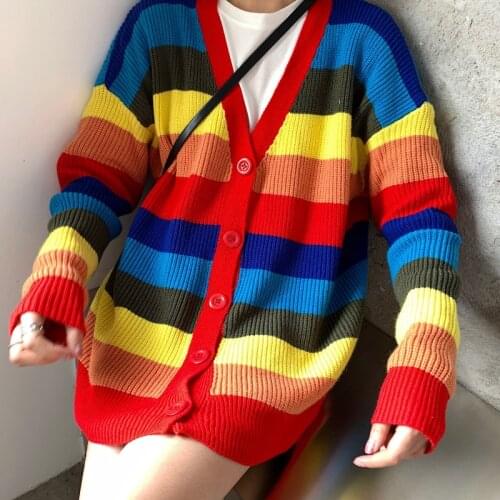 2019 Spring womens knitted jacket Rainbow Cardigan Loose Overisize Female coat sweater women Colorful Striped Cardigan SW07