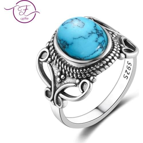 New Bohemia Style 8x10MM Oval Natural Turquoise Rings for Women 925 Silver Ring Fine Jewelry for Anniversary Party Gift