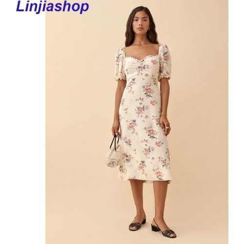 Woman Casual Style Dress With Short Puff Sleeve V-neck Tie-flower Folds Belt Floral Printing Summer Dress Female Chic Vestido