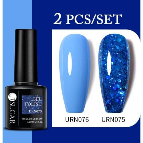 UR SUGAR 2PCS/SET Gel Nail Polish Set Sky Blue Color Glitter Gel Polish Kit All For Manicure Set Need Nail Art Base Gel Top Coat
