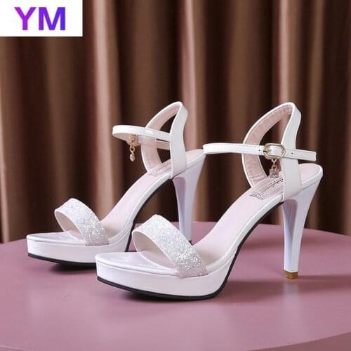 2020 Women Sandals Beige Shallow Sexy Crystal Sunmmer Fashion Womens Sandals Gladiator Buckle Strap Casual High Heel Sandals